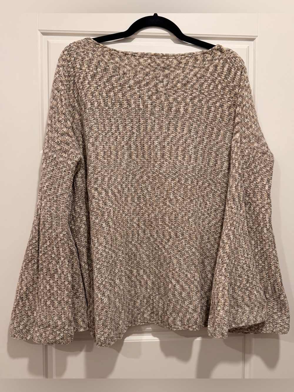 Off-the-Shoulder Bell-Sleeve Sweater in Marled Taupe and Cream